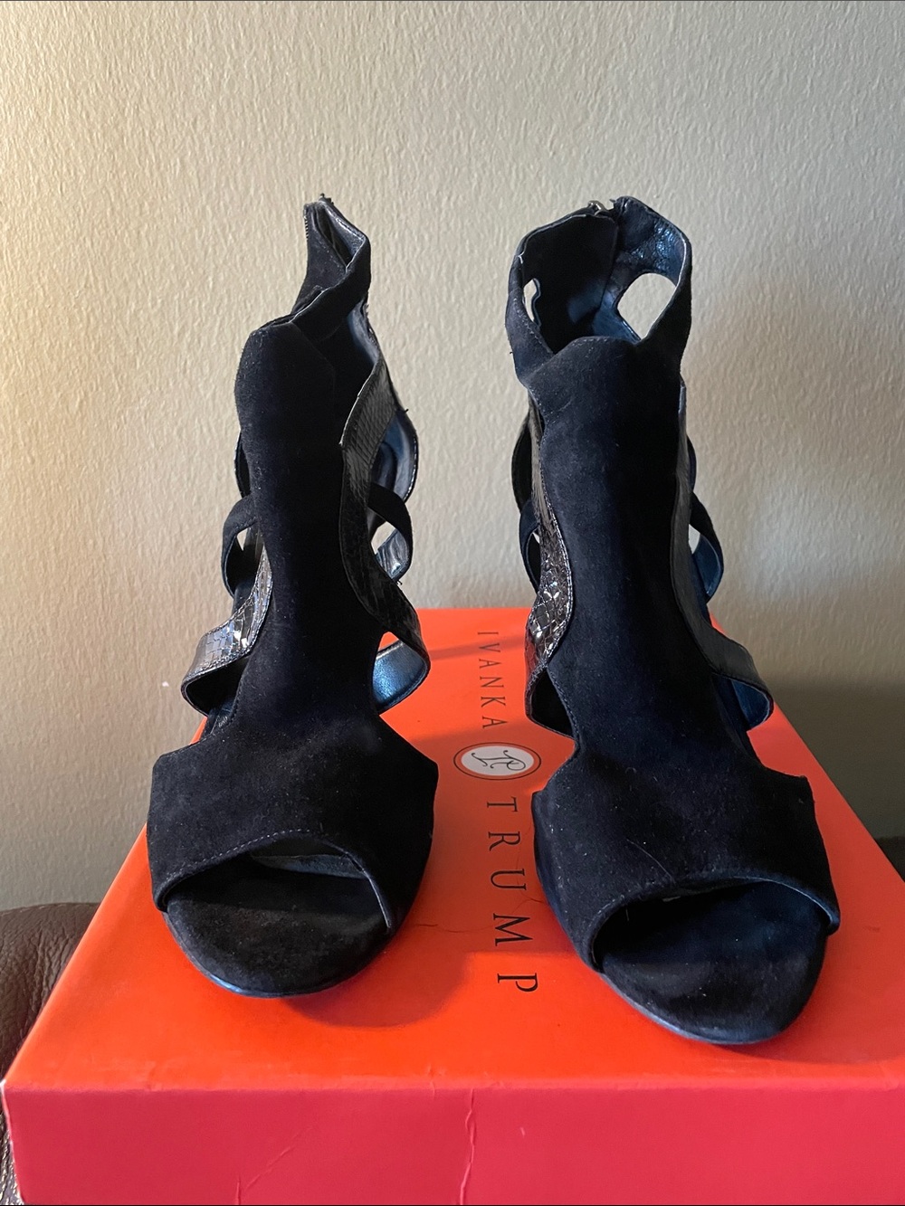 Ivanka Trump black multi-suede caged gladiator-style sandal,